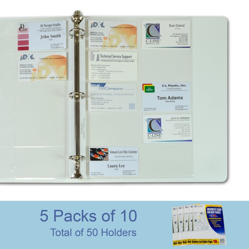 C-Line Business Card Holder Pages, Poly Without Tabs, 20 Cards/Page, 11 x 9 Inches, 5 Packs of 10 (61217-5) - Image 3
